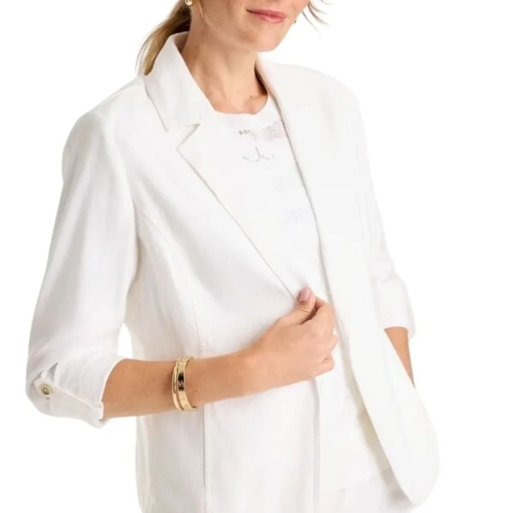 Chico's Linen Roll‎ Sleeve Stretch Blazer 2.5 (14) Ivory Open Front Zip Pocket